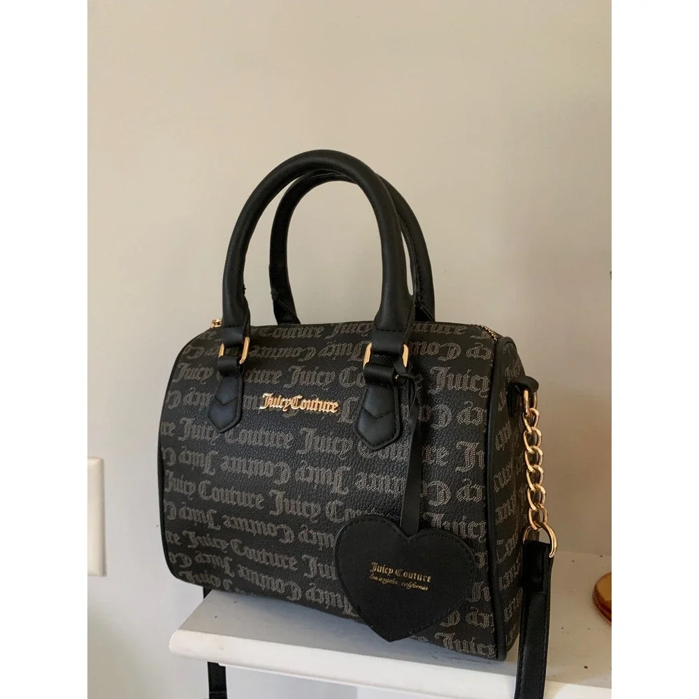Juicy Couture Black Gothic Logo Barrel Satchel Crossbody Bag Heart Charm